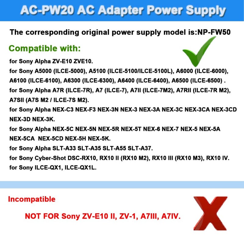 TKDY NP-FW50 ZV-E10 Dummy Battery and AC-PW20 Continuous Power Supply Adapter Kit Compatible for Sony Alpha ZVE10 A6400 A6000 A6100 A5100 A7 A7II Cameras. - Image 2